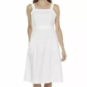 Liz Claiborne Linen Midi Dress White Gold Grid Square Neck Pockets Size 4 Y2K